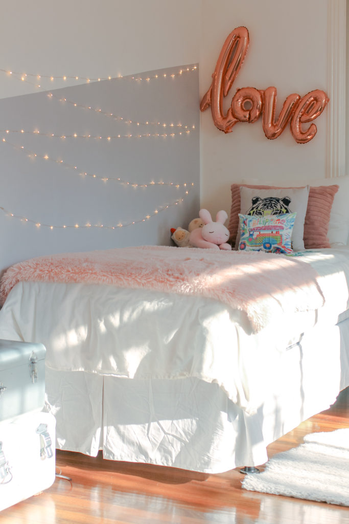 Home Tour with Kaho of Chuzai Living - the girl bedroom filled with lovely pillow, lights and love banner balloon