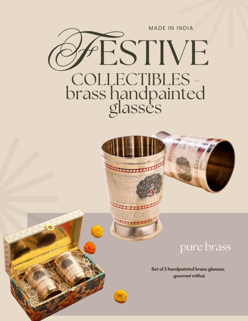 Indian festive home decor | set of two handpainted brass glasses