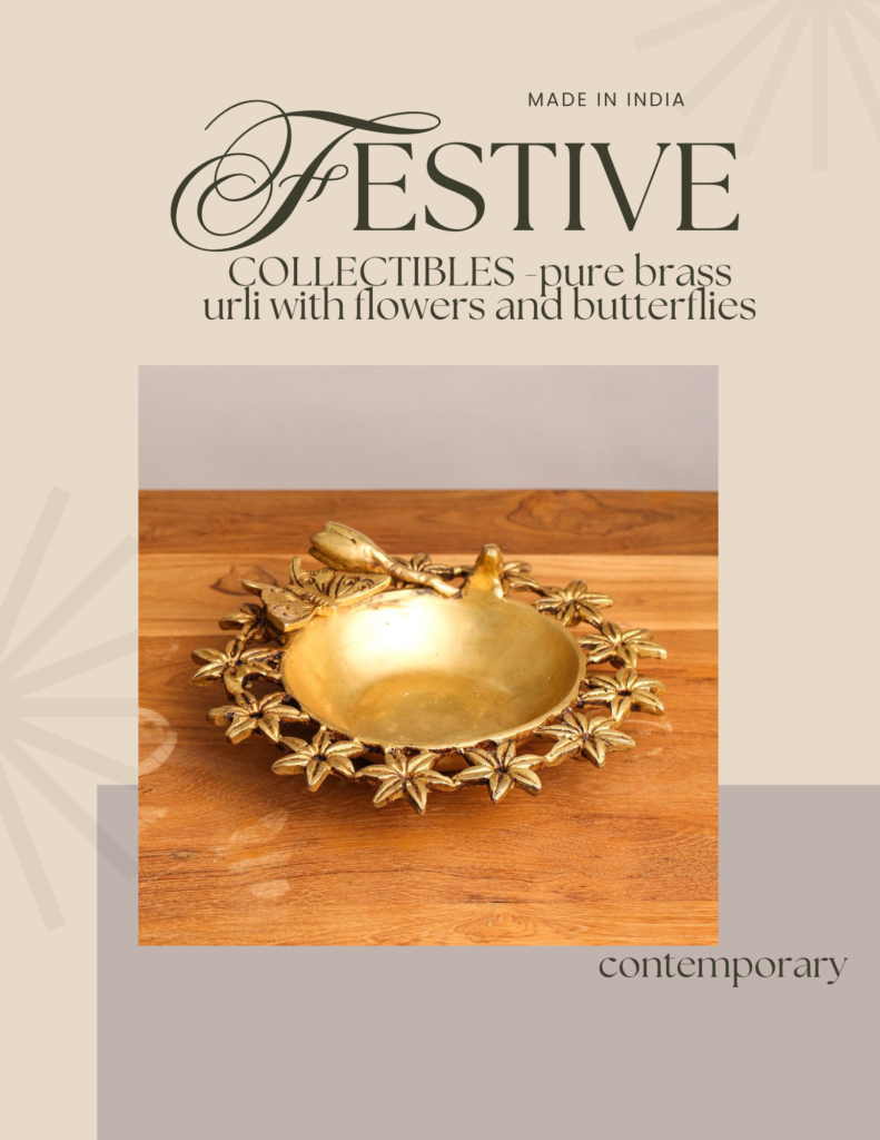 Indian festive home decor | pure brass urli with flowers and butterflies