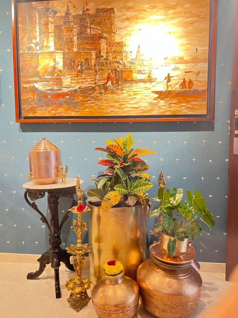 Vintage water dispensers and large vessels in the entrance foyer are from Ranjana’s ancestral home