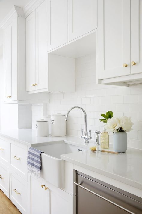 High-gloss white cabinets paired with gold or brass hardware