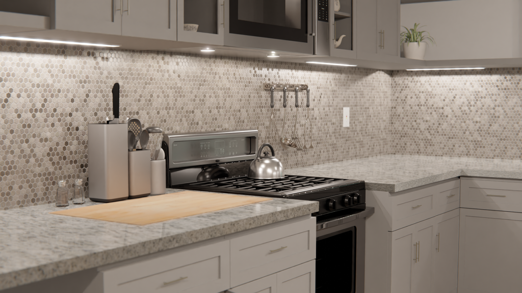 PU white cabinets combined with with tile countertops