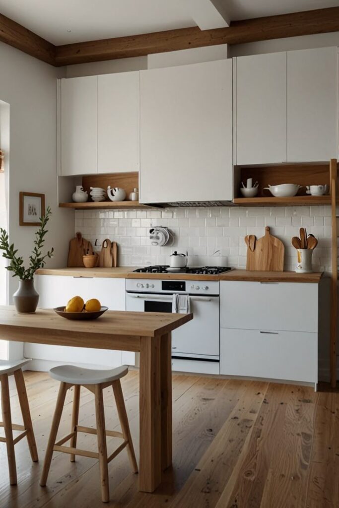 PU white cabinets combined with wooden countertops